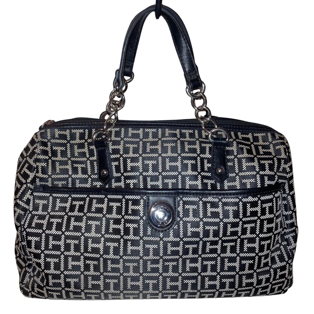 Tommy Hilfiger Black White Satchel Handbag Bowler TH Logo Monogram Preppy Purse